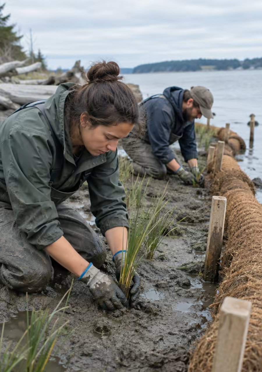 Two volunteers kneeling on a muddy tidal bank, pushing cordgrass plugs into the mud behind a line of coir rolls
